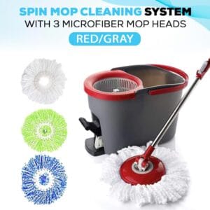 Home spin mop cleaning system with 3 microfiber mop heads red/black